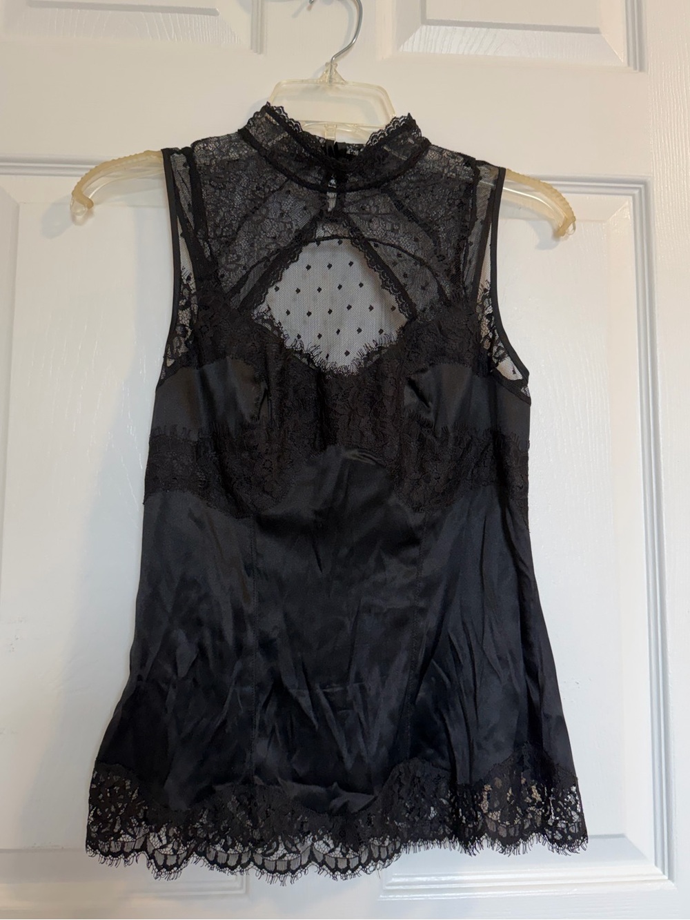 bebe Black Satin and Lace High-Neck Sleeveless Camisole